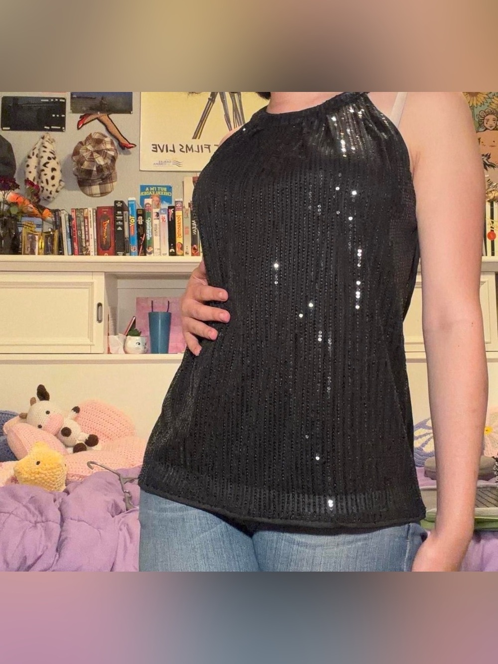 Black Sequin Tank - S